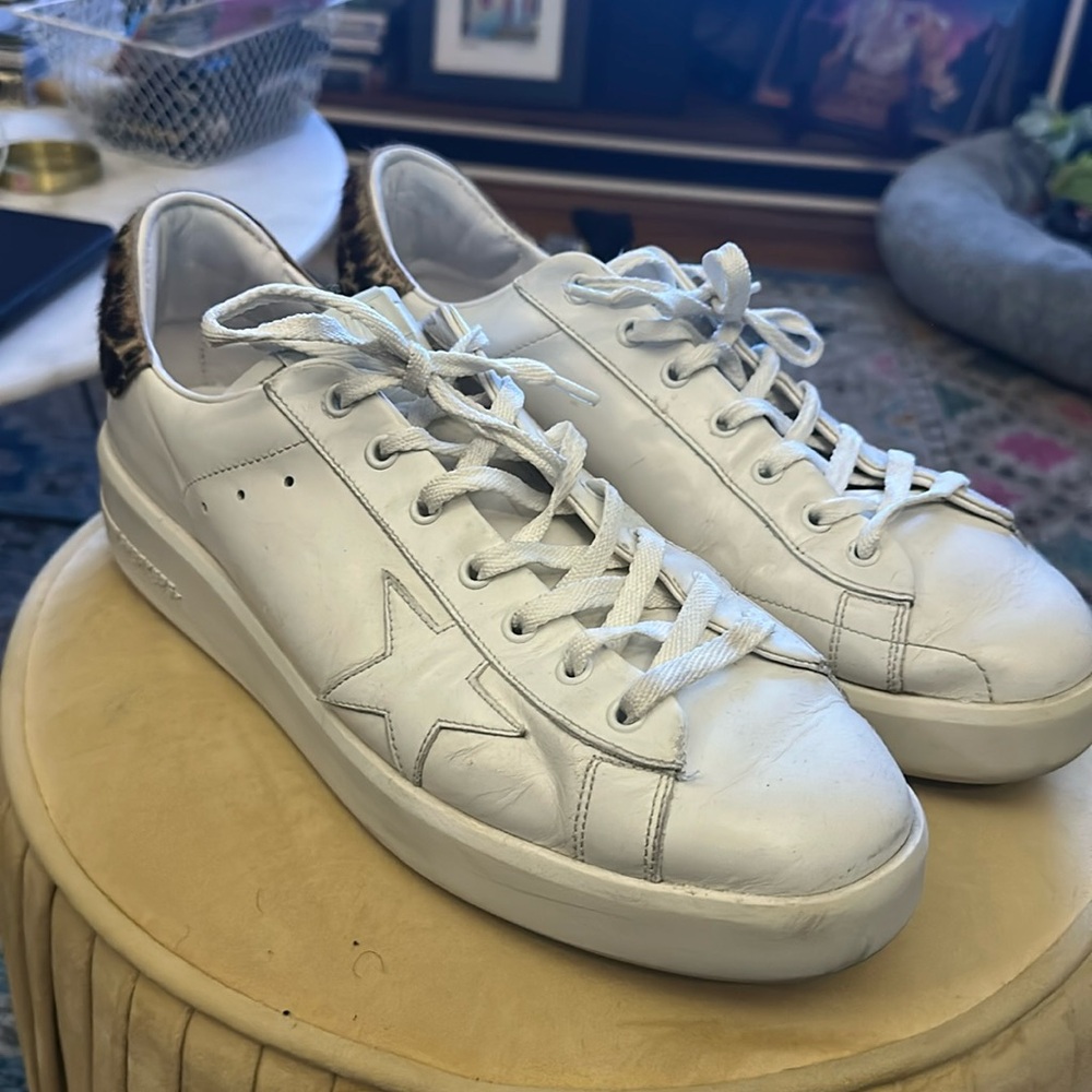 Men’s Purestar in White Leather w/White Star and Cheetah Pony Hair Heel Tab